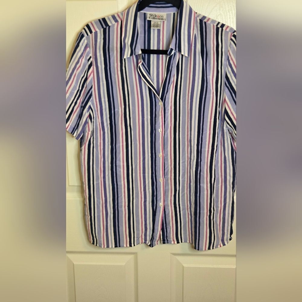 Style&Co Collection 12 Striped Mltclrd 100% SILK Shrtslv Buttons Up Women Shirt